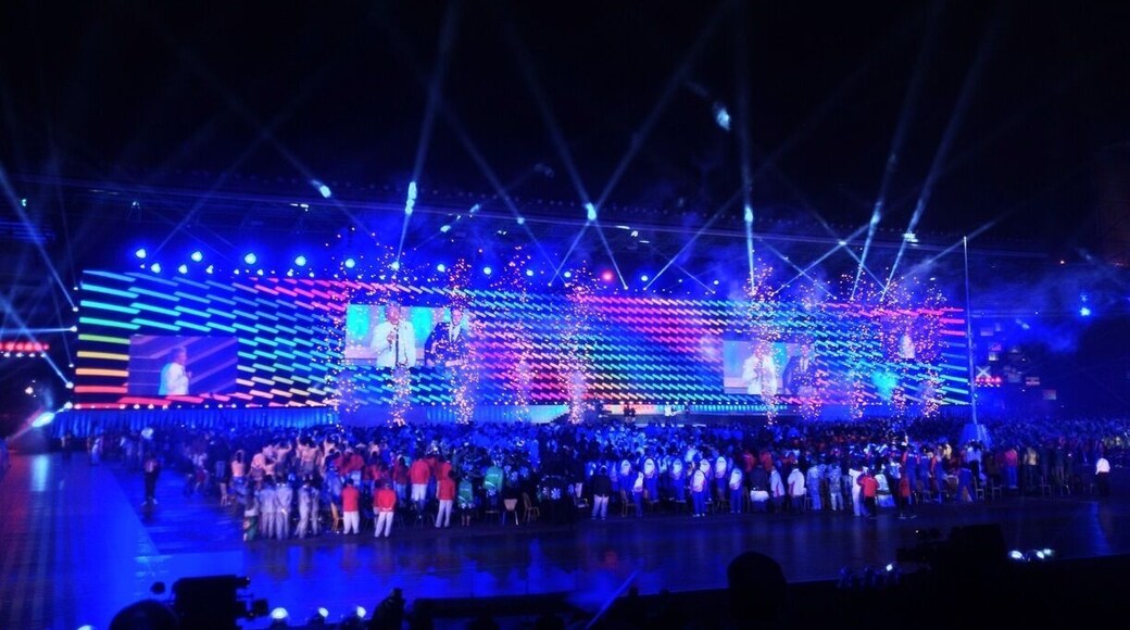 Commonwealth Games opening ceremony. Athletes watching Rod Stewart perform.