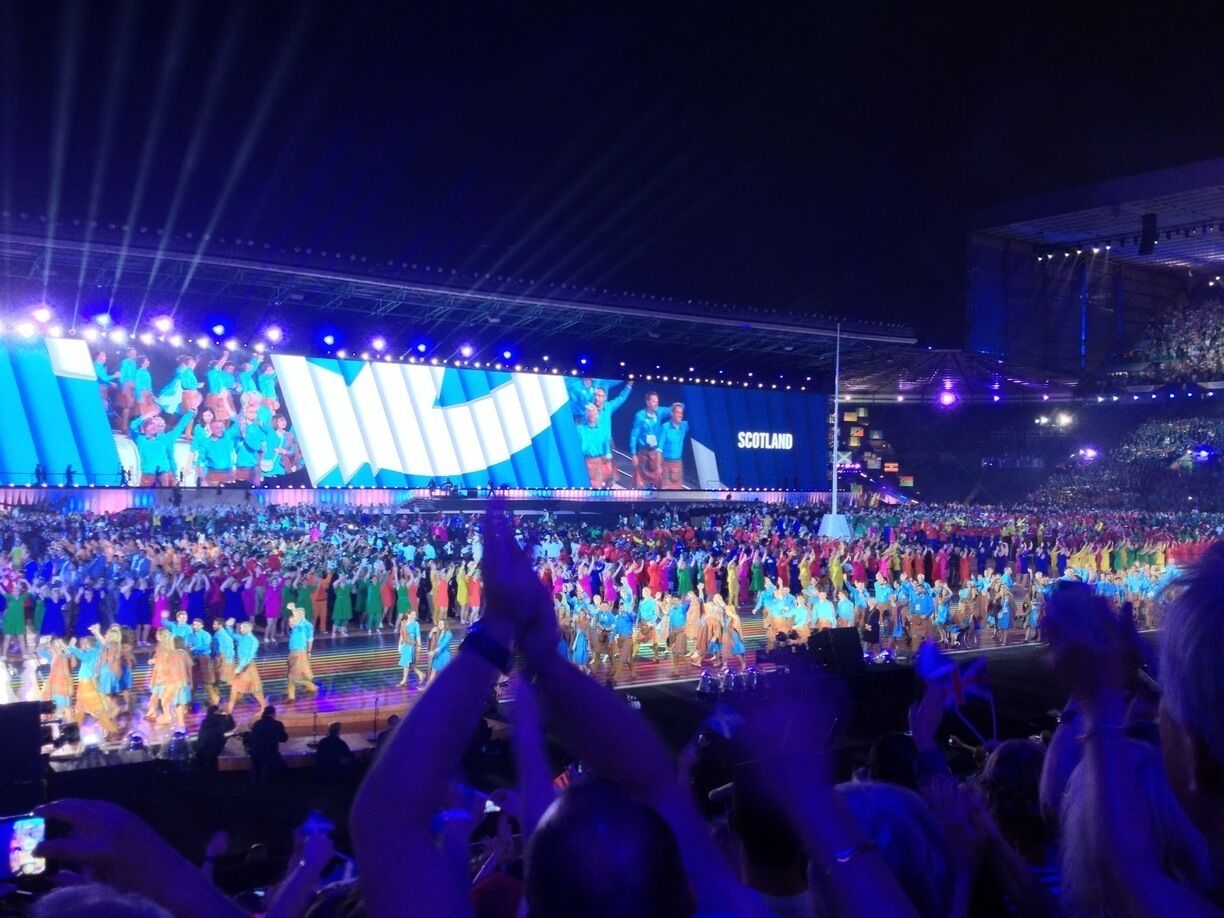 Commonwealth Games opening ceremony. Team Scotland make their appearance. 