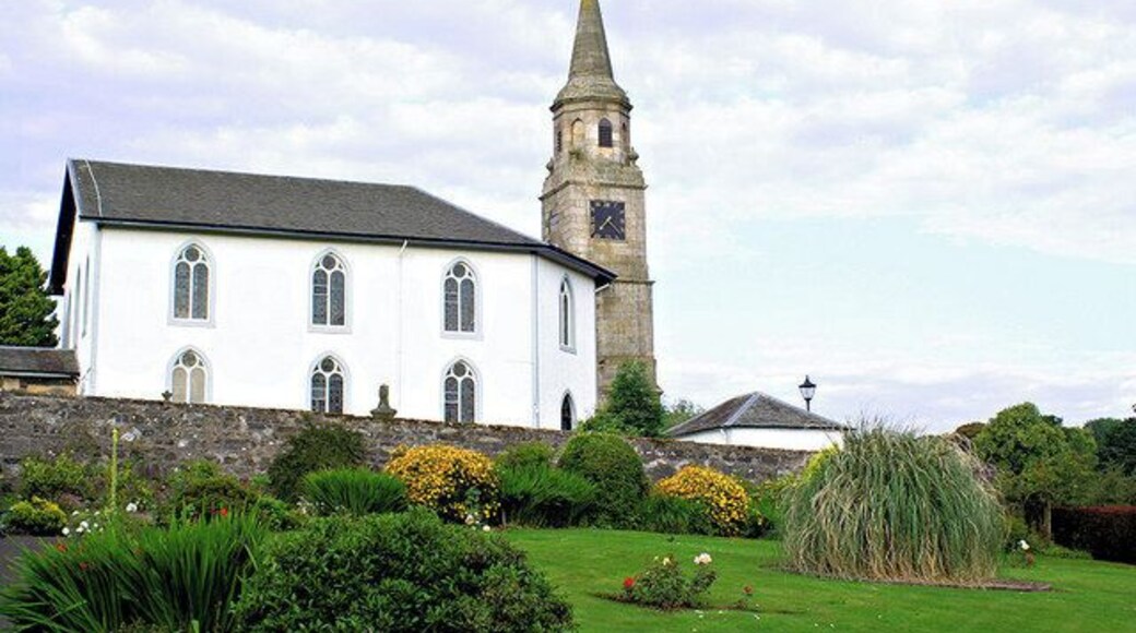 Parish Church and Clock Tower. Eaglesham Viewed from Polnoon Street Eaglesham on a bright summer's day.