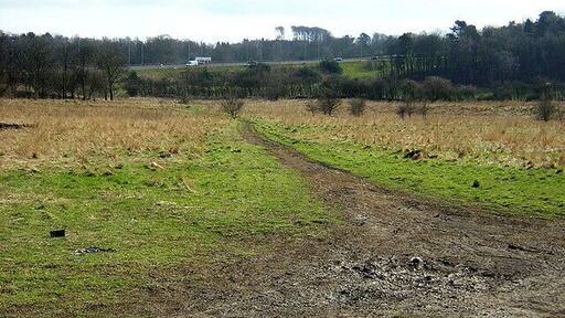 Muddy Track, Darnley. Muddy track on ground between DIY store and M77.