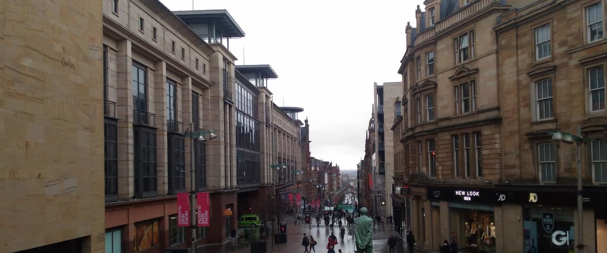 A view from The Glasgow Royal Concert Hall's steps.
Donald Dewar Statue is seen on the center-right. Buchanan Street is the main shopping street of Scotland's biggest city Glasgow.
#OrbitzTravel #scotland #glasgow