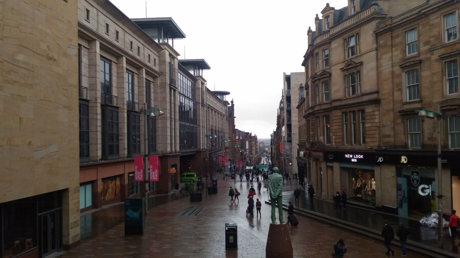 A view from The Glasgow Royal Concert Hall's steps.
Donald Dewar Statue is seen on the center-right. Buchanan Street is the main shopping street of Scotland's biggest city Glasgow.
#OrbitzTravel #scotland #glasgow