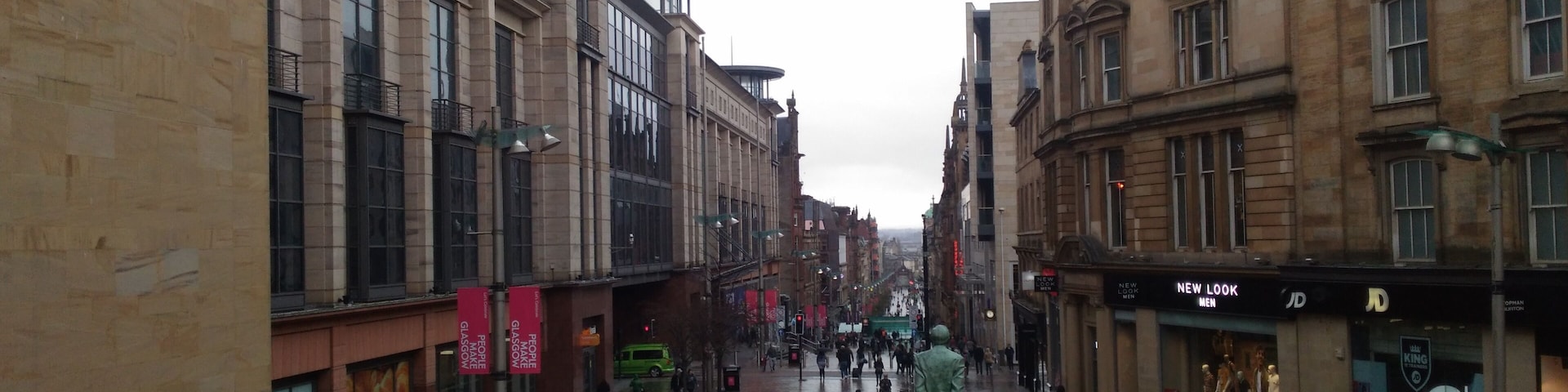 A view from The Glasgow Royal Concert Hall's steps.
Donald Dewar Statue is seen on the center-right. Buchanan Street is the main shopping street of Scotland's biggest city Glasgow.
#OrbitzTravel #scotland #glasgow