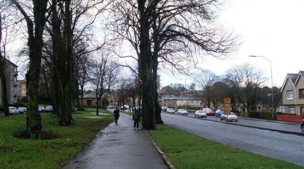 Tree-lined pavement by Berryknowes Road Between Cardonald and Craigton Cemetery.
