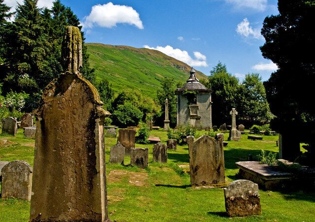 Lennox Mausoleum at Campsie Glen Built around 1714, the Lennox Family vault is situated in St Machan's graveyard at Clachan of Campsie where some of the graves date back to the fifteenth century. Members of the Lennox family are buried beneath the Mausoleum.