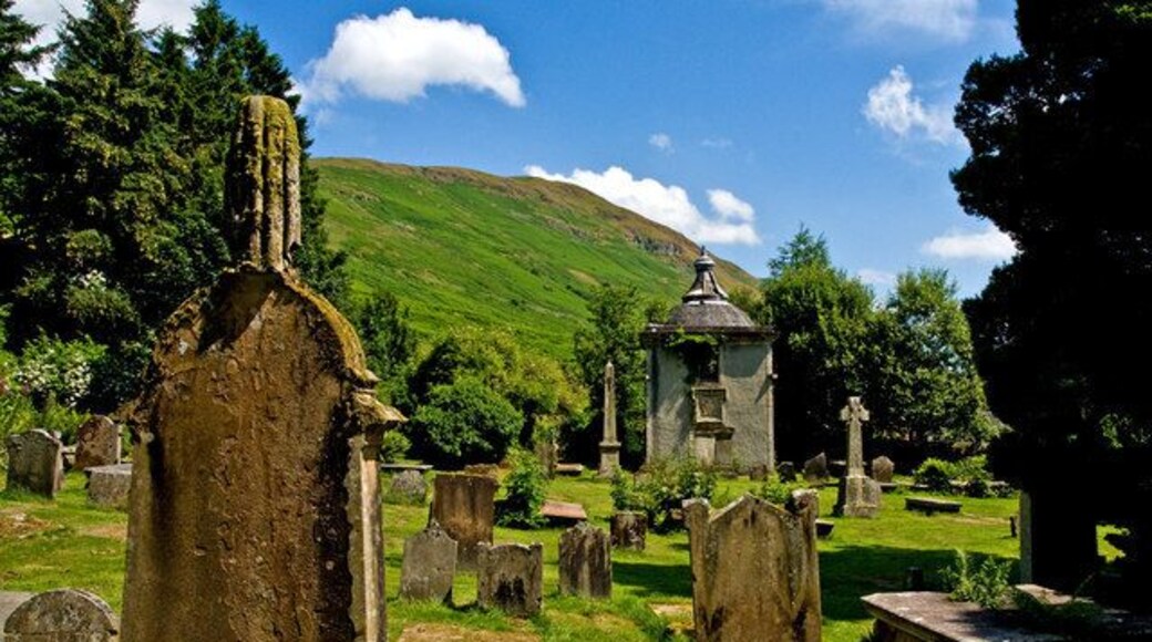 Lennox Mausoleum at Campsie Glen Built around 1714, the Lennox Family vault is situated in St Machan's graveyard at Clachan of Campsie where some of the graves date back to the fifteenth century. Members of the Lennox family are buried beneath the Mausoleum.