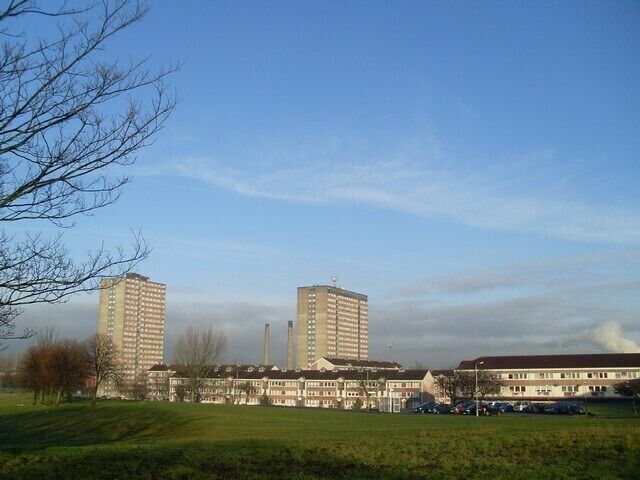 Highrise flats in Prospecthill Viewed from Prospecthill Road. This housing scheme was the location for a Sony Bravia television advert - in which several paint cans exploded to Gioachino Rossini's The Thieving Magpie - although the exact buildings used for the advert have since been demolished.