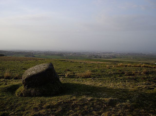 Crowstone Looking across Bonnyton Moor from the Crowstone with Newton Mearns and Glasgow in the distance. Nearby is the small disused Crowstone quarry.
