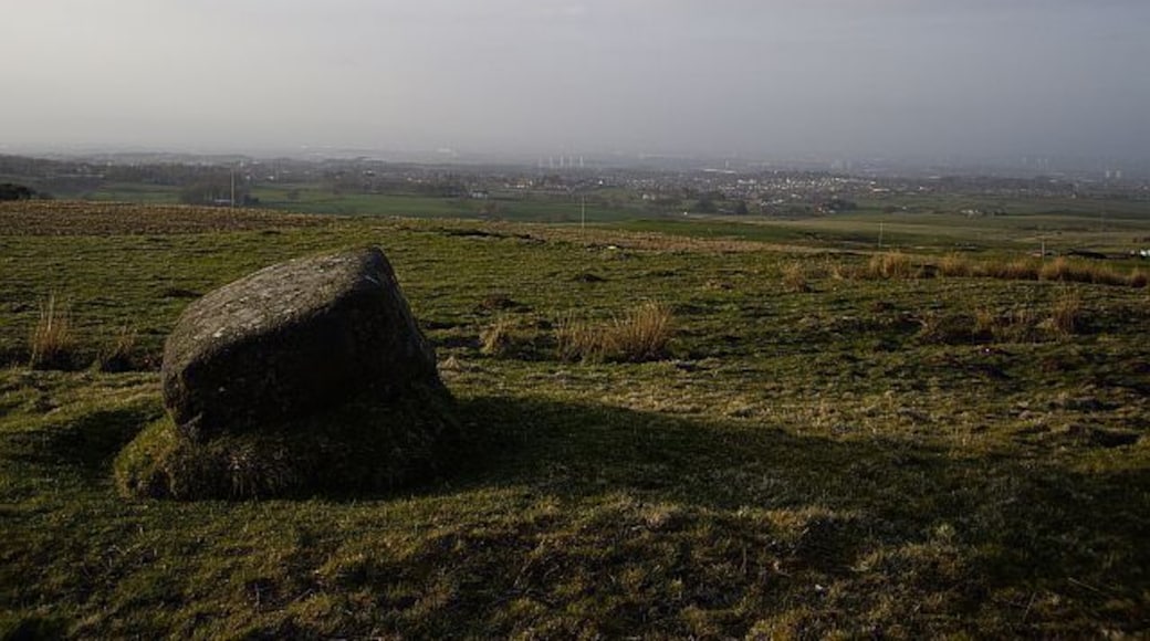 Crowstone Looking across Bonnyton Moor from the Crowstone with Newton Mearns and Glasgow in the distance. Nearby is the small disused Crowstone quarry.