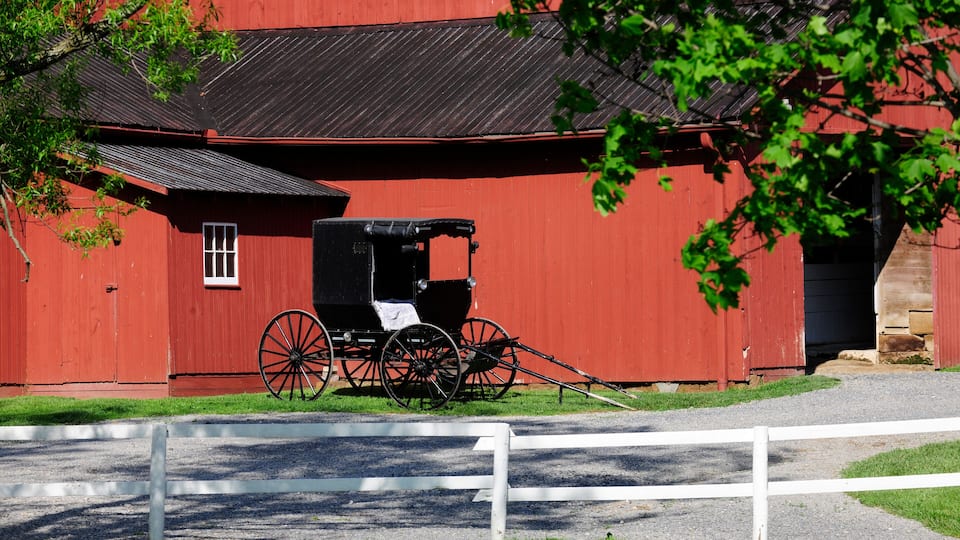 A red barn with a black carriage parked in front.