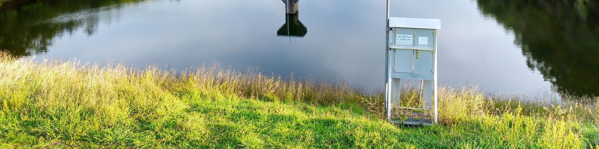U.S. Geological Stream Gauging Survey Station at Fort Ashby dam and lake in Mineral County, West Virginia
