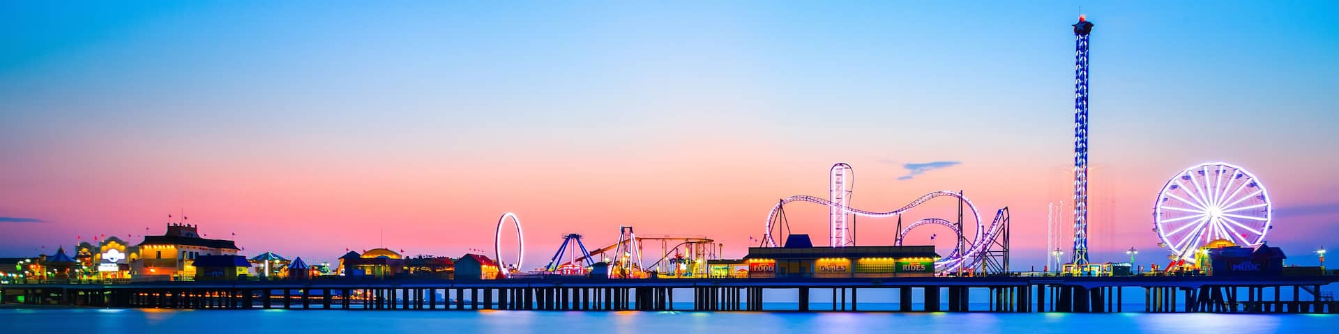 Galveston Island historic Pleasure Pier on the Gulf of Mexico coast in Texas.