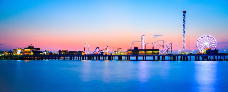 Galveston Island historic Pleasure Pier on the Gulf of Mexico coast in Texas.