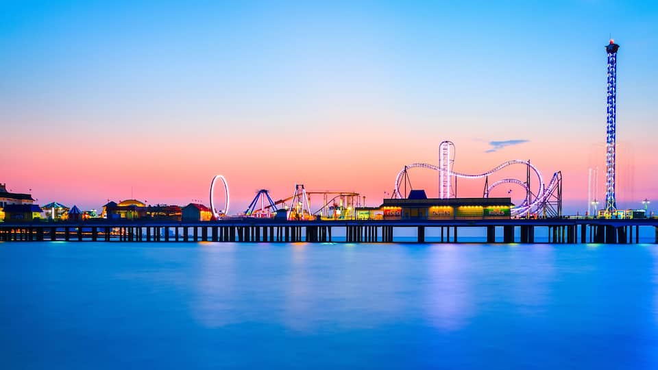 Galveston Island historic Pleasure Pier on the Gulf of Mexico coast in Texas.