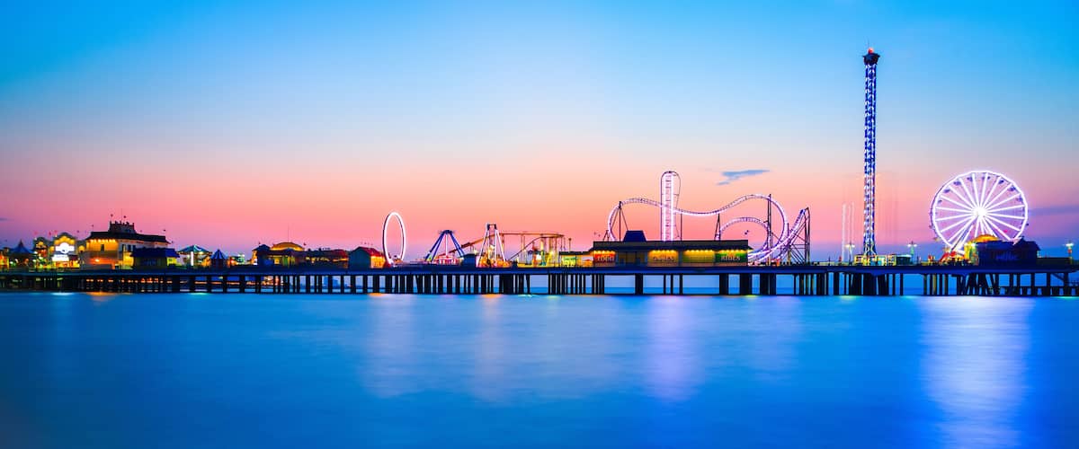 Galveston Island historic Pleasure Pier on the Gulf of Mexico coast in Texas.