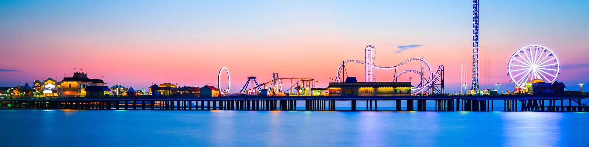 Galveston Island historic Pleasure Pier on the Gulf of Mexico coast in Texas.