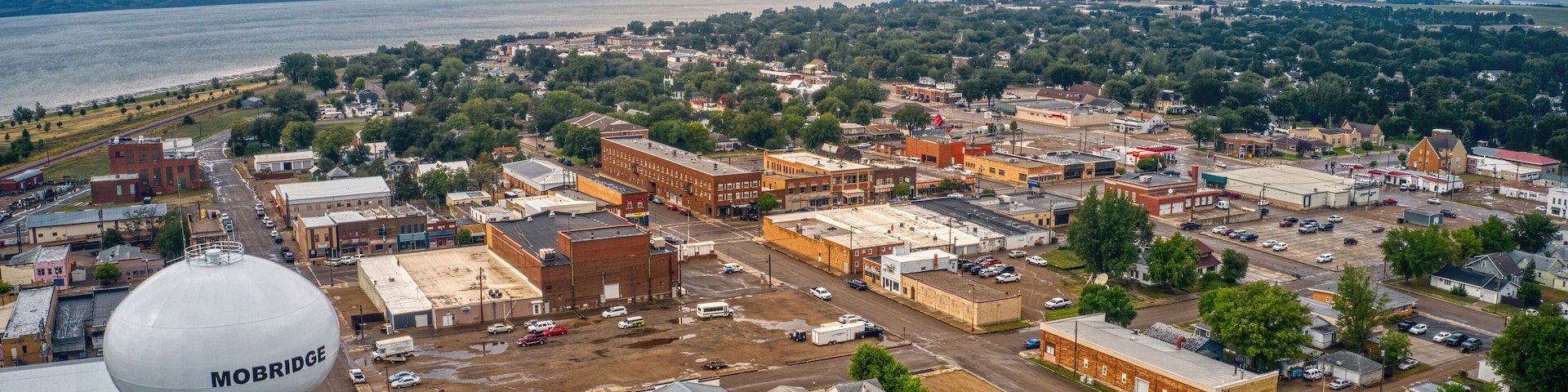 Aerial View of Downtown Mobridge, South Dakota on the Missouri River