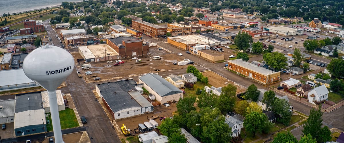 Aerial View of Downtown Mobridge, South Dakota on the Missouri River