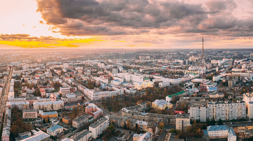Gomel, Belarus. Aerial View Of Homiel Cityscape Skyline In Autumn Evening. Residential District During Sunset. Bird's-eye View