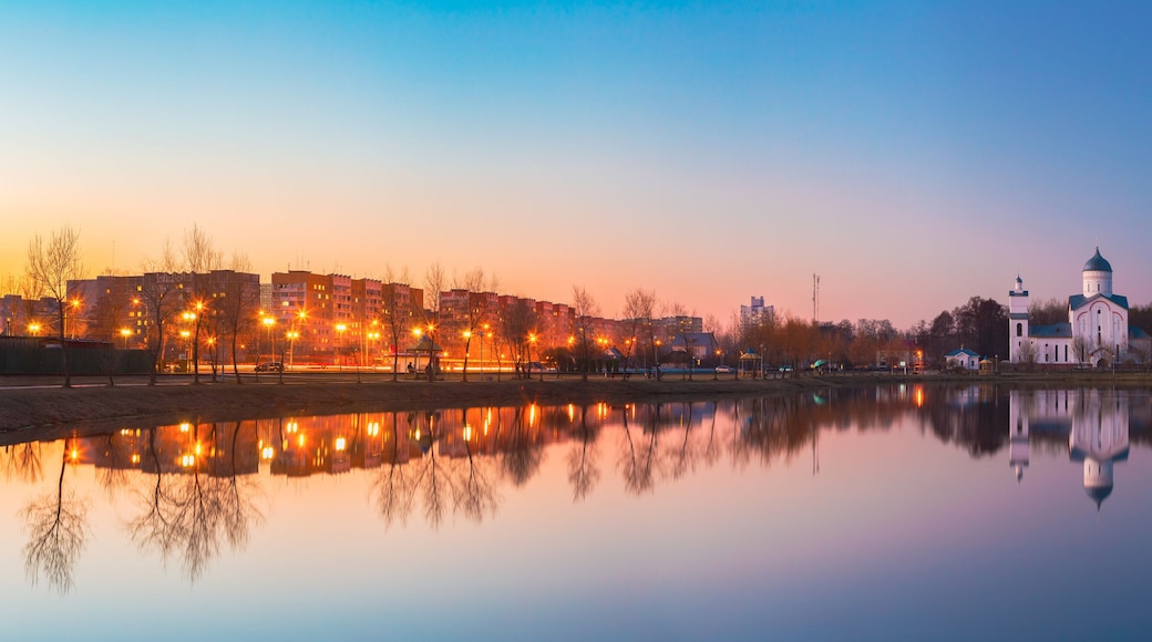 Panoramic View Of Alexander Nevsky Orthodox Church Behind Illuminated City Lake, Gomel Belarus