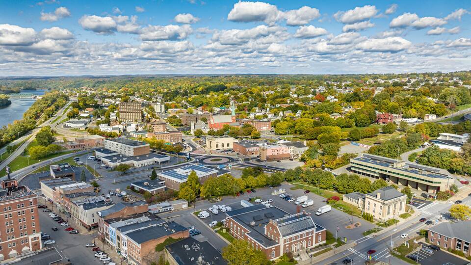 Early afternoon autumn aerial photo view of the City of Amsterdam New York.