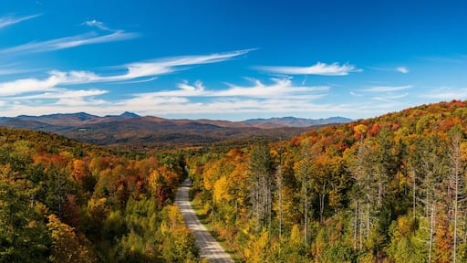 Aerial view of the Moretown Mountain road between Northfield and Moretown in Vermont during the fall
