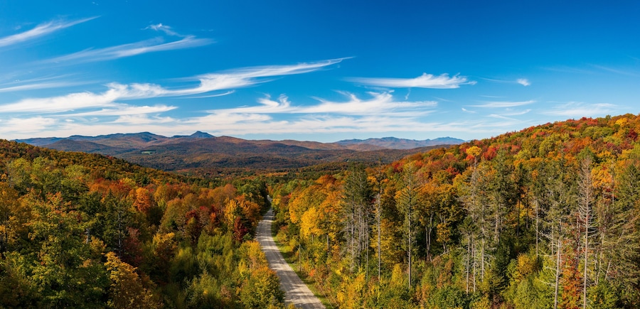 Aerial view of the Moretown Mountain road between Northfield and Moretown in Vermont during the fall