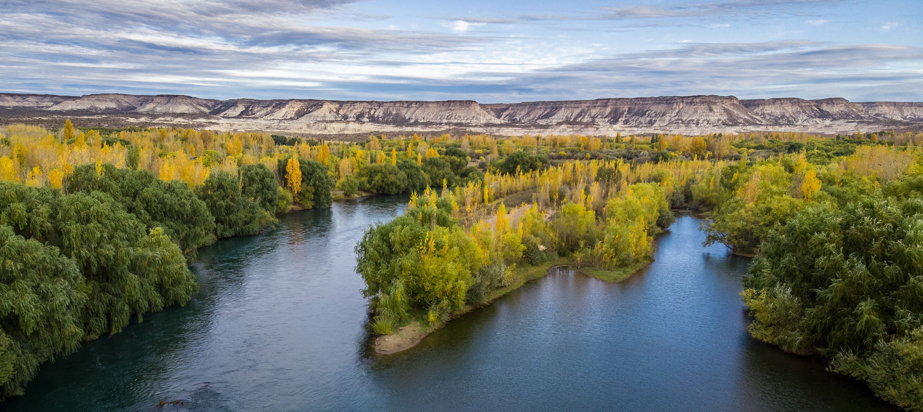 A river winding through a forest with autumn foliage, surrounded by a flat, barren landscape.