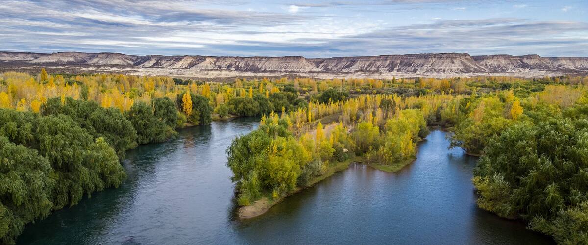 A river winding through a forest with autumn foliage, surrounded by a flat, barren landscape.