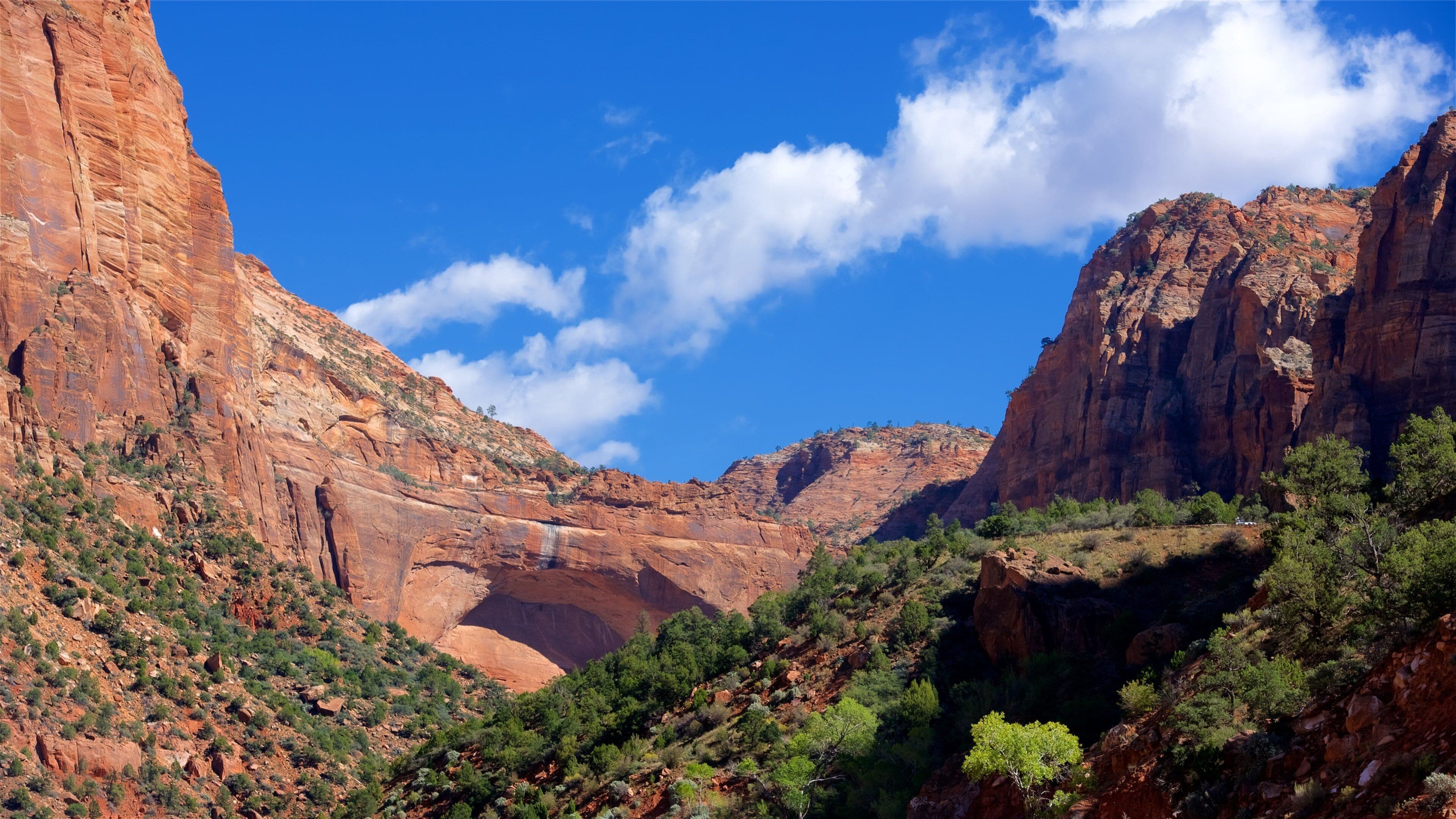A canyon with red rock formations, a waterfall, and green vegetation.