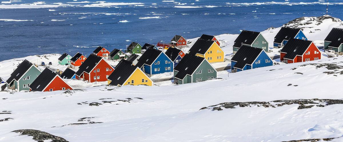 Colorful inuit houses in a suburb of arctic capital Nuuk