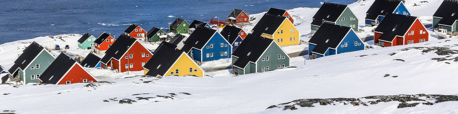 Colorful inuit houses in a suburb of arctic capital Nuuk