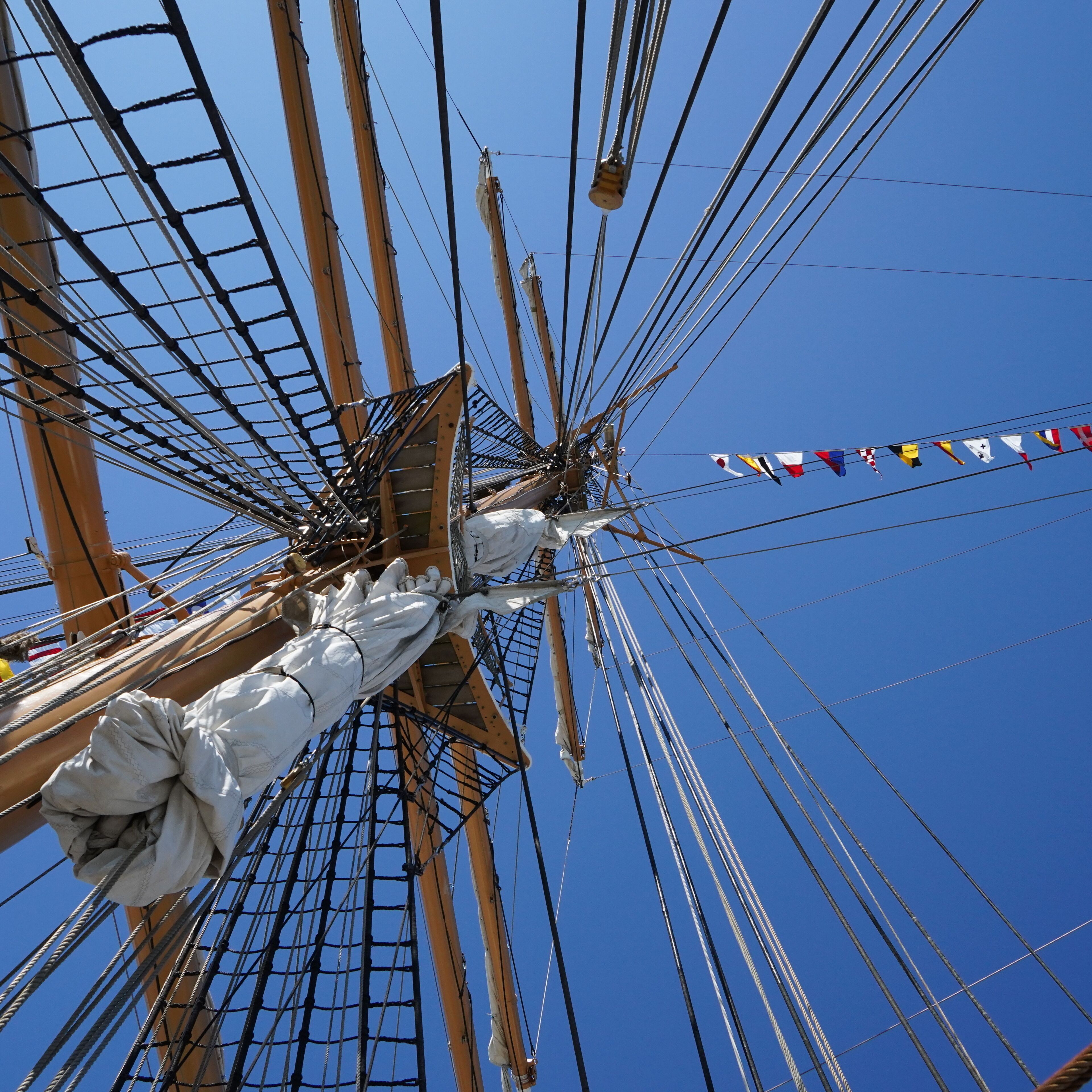 The USCGC Eagle.

A magnificant three-masted barque known as "America's Tall Ship," the majestic Eagle is the largest tall ship flying the Stars and Stripes and the only active square-rigger in U.S. government service.

Length of Eagle is 295 feet, she has 23 sails, her tallest mast is 150 feet with 6 miles of rigging. The hull and decks are made of steel.
Speed under sail is 17 knots / 20 mph
and under power: 10 knots / 11 mph.

If you like this kind of stuff then this is a must see !
 
You can check their schedule for available tour dates and locations, which can vary. 
https://www.uscga.edu/eagle-schedule

As a Coast Guard Veteran, it was a great honor to walk the decks of this national treasure.
SEMPER PARATUS !
