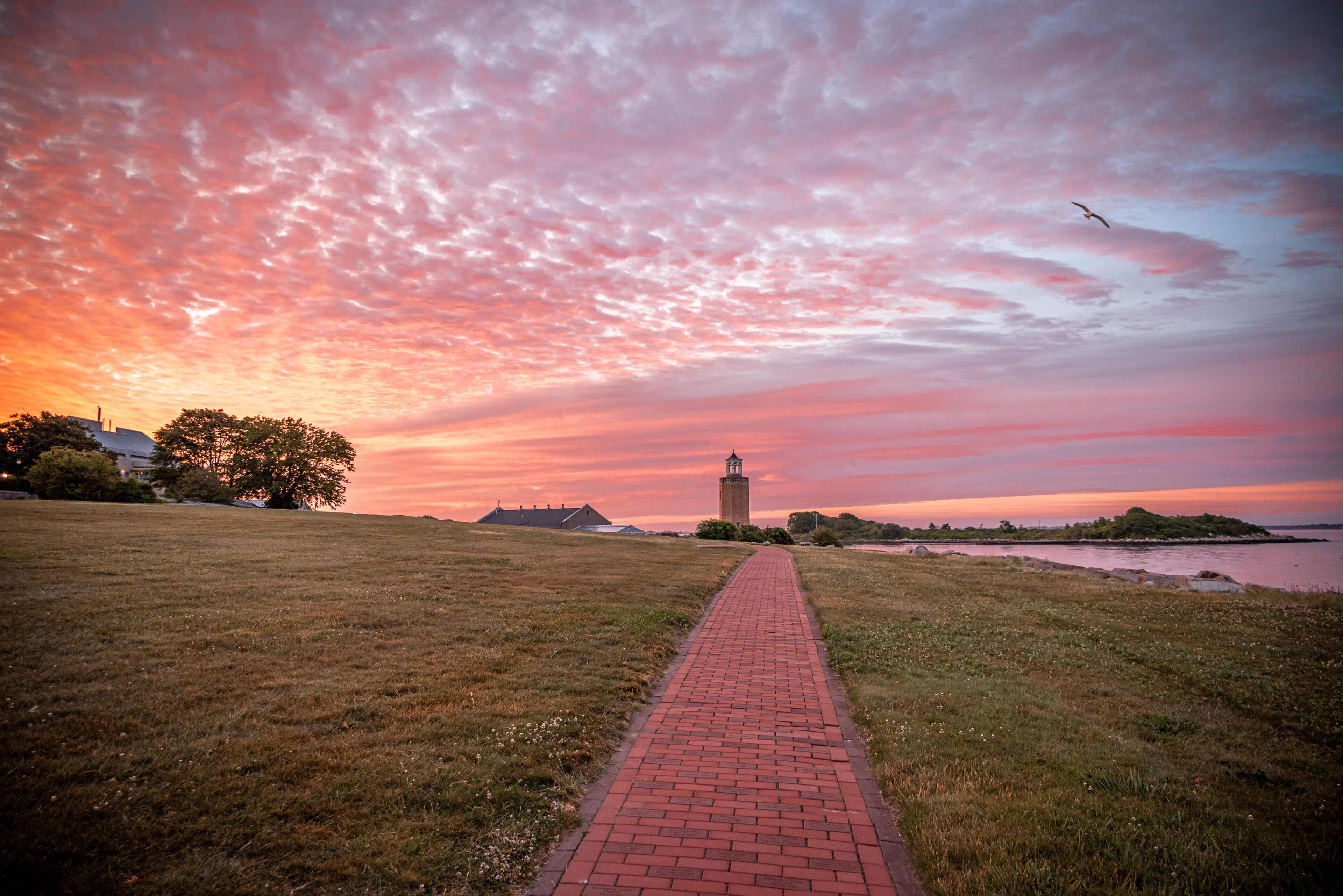 A sunset over a grassy field with a brick pathway leading to a tower.