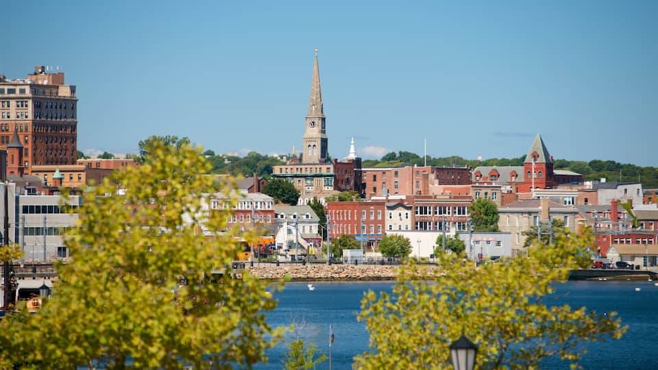 A cityscape with a prominent clock tower, historic buildings, and a waterfront.