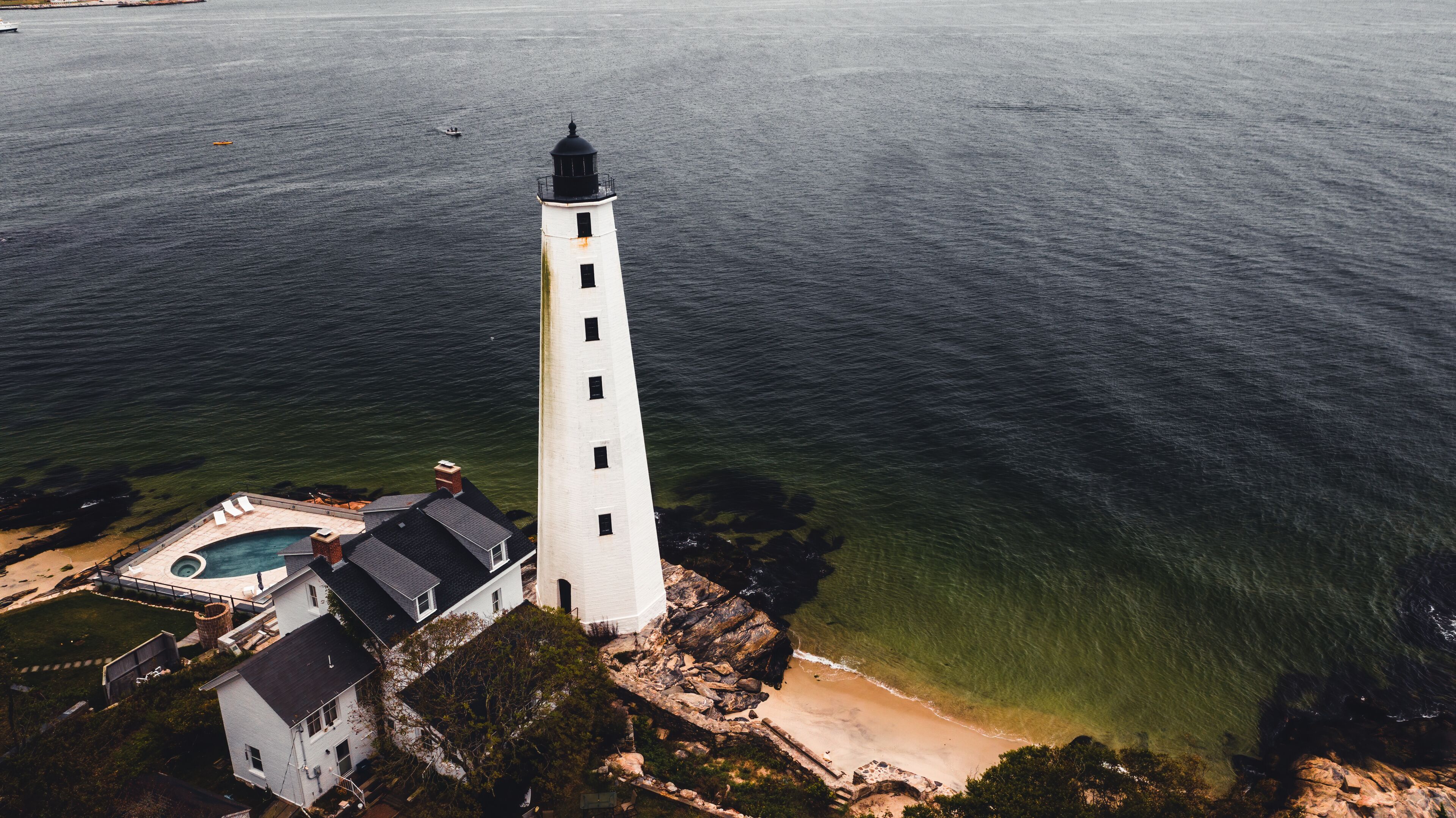 Aerial of Historic New London Harbor Lighthouse - Atlantic Ocean - New London, Connecticut