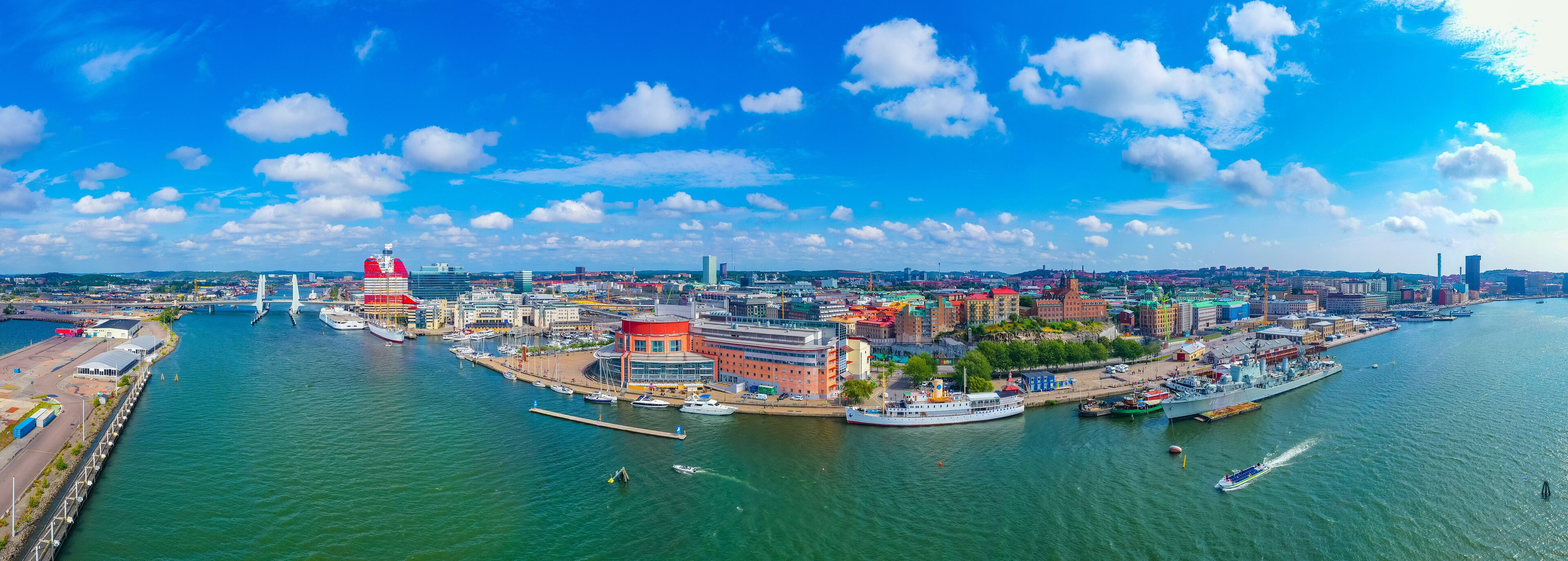 Lilla Bommen building, Military ship Smaland and Barken Viking ship in the swedish city Goteborg.