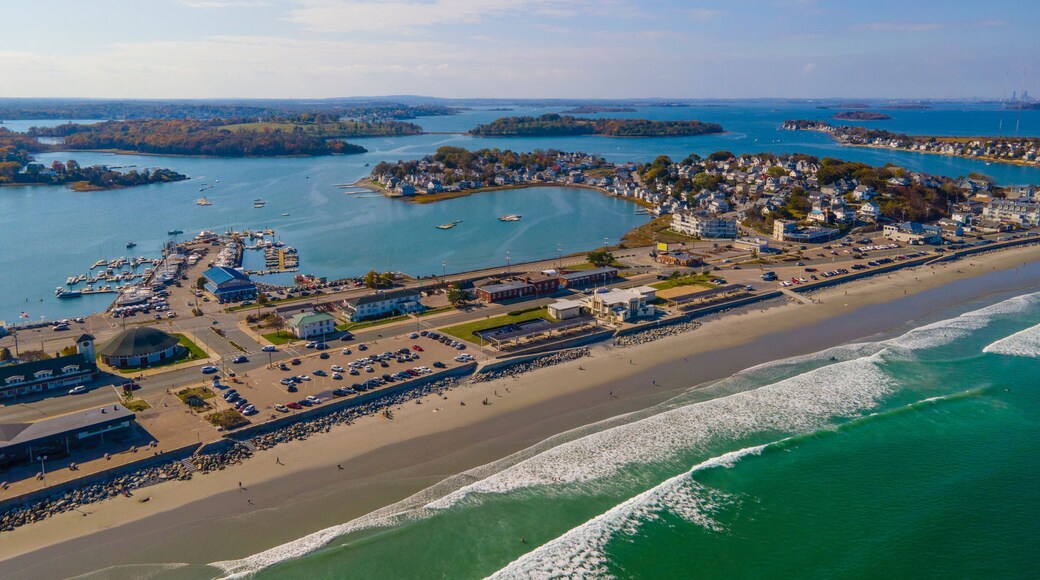 Nantasket Beach, Weir River and Hingham Bay aeral view with fall foliage in town of Hull, Massachusetts MA, USA.