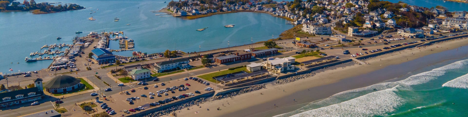 Nantasket Beach, Weir River and Hingham Bay aeral view with fall foliage in town of Hull, Massachusetts MA, USA.
