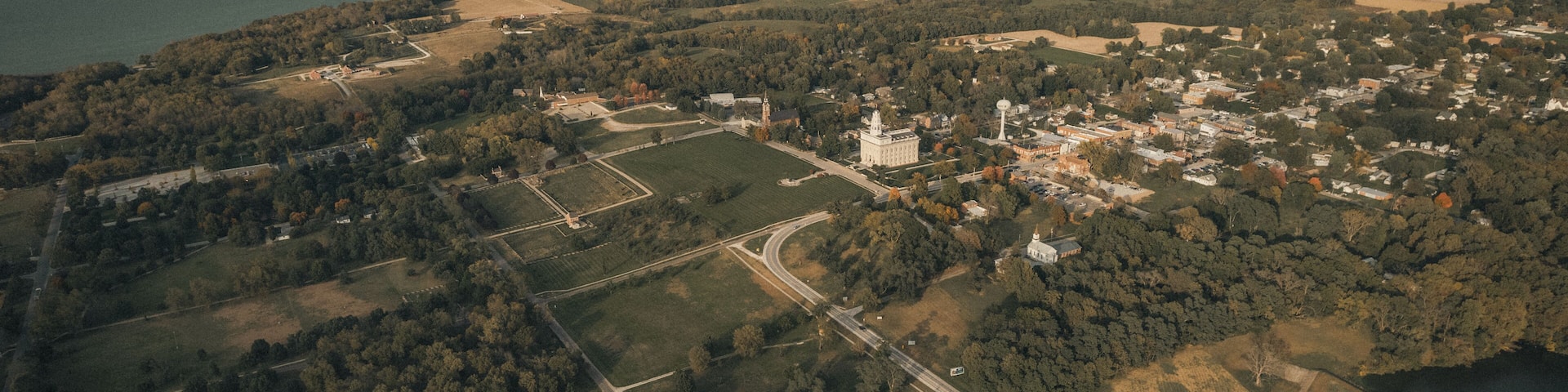 Aerial view of Nauvoo, Illinois on a cloudy day