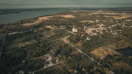 Aerial view of Nauvoo, Illinois on a cloudy day