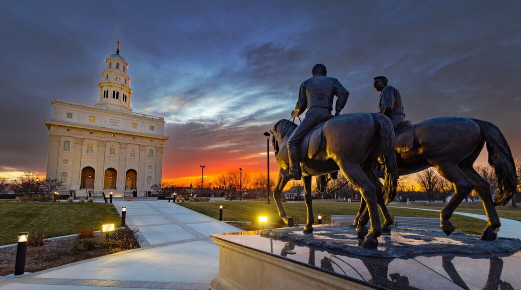 Nauvoo IL Temple at sunrise with bright red and yellow sky