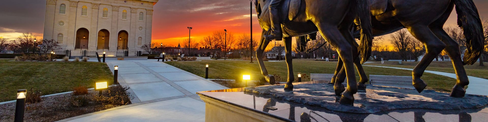Nauvoo IL Temple at sunrise with bright red and yellow sky