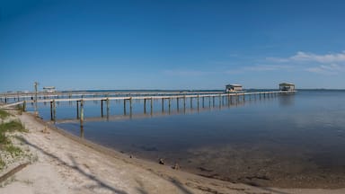 Private docks with boat lifts against the blue sky background at Navarre, Florida. Views of dock from a shore with sand and grasses at the front.