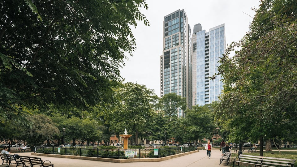 A park with benches, trees, a fountain, and tall buildings in the background.