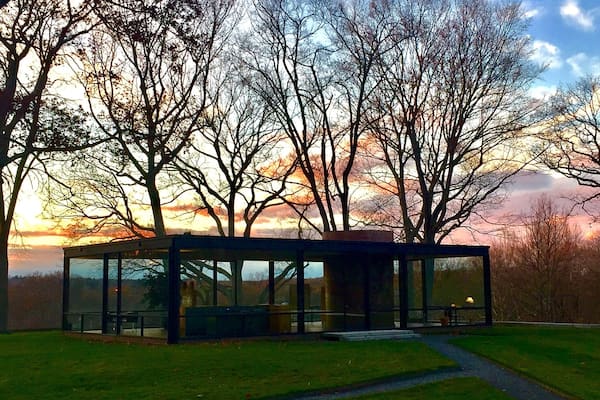 Glasshouse by Phillip Johnson, we went there in November and we were able to see it when the Sun is setting. Stunning!!