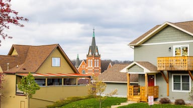 A picturesque view of New Glarus, Wisconsin, featuring charming Swiss-style buildings