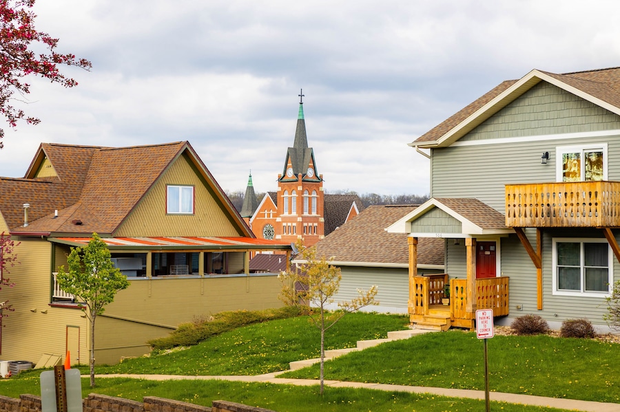 A picturesque view of New Glarus, Wisconsin, featuring charming Swiss-style buildings