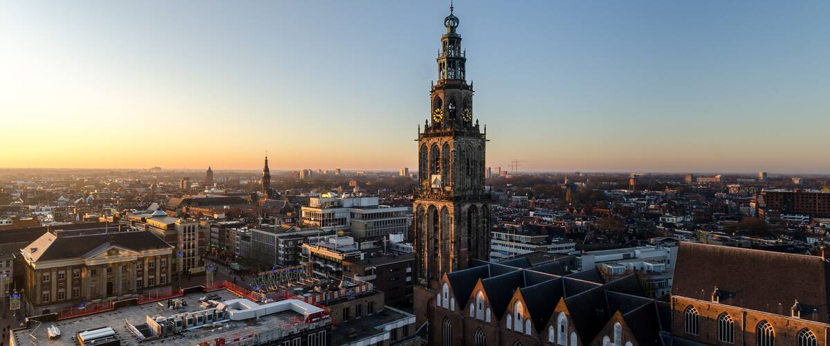 GRONINGEN - NETHERLANDS, December 30, 2019: Nice view over the city groningen. Martini toren en the Stadhuis