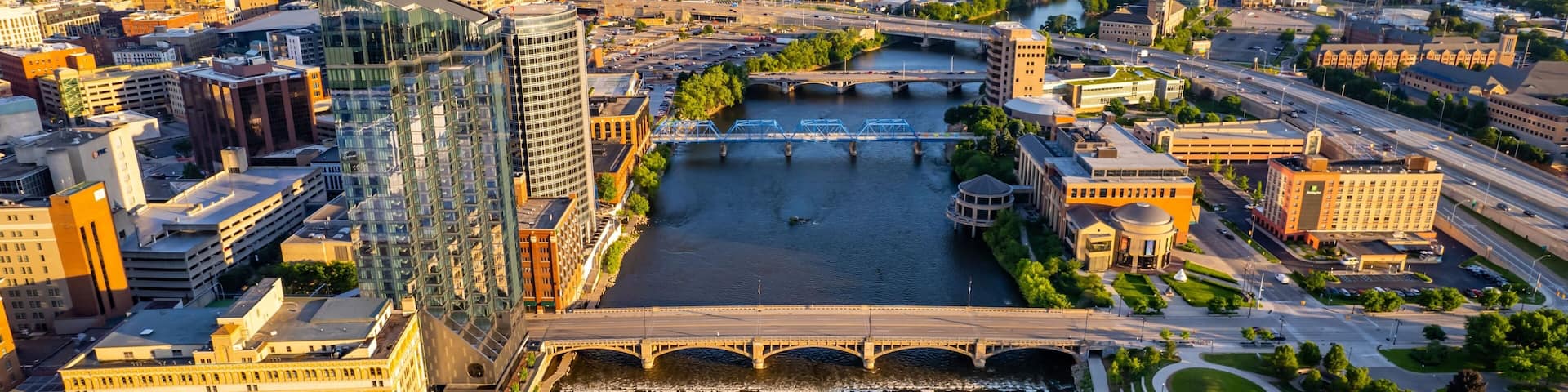 Aerial view of the downtown buildings in Grand Rapids, Michigan